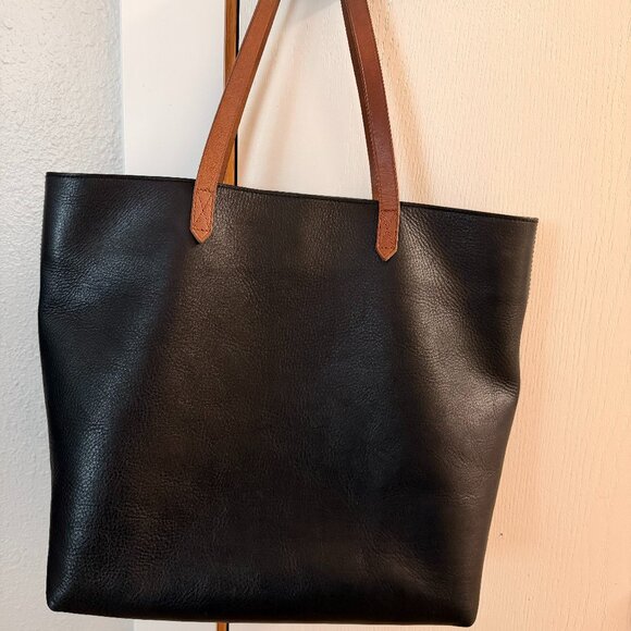 Madewell Large Leather Transport Tote Carryall Black Brown Straps - Picture 1 of 6